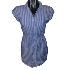 Japna Blue and White Striped Button Up Short Sleeve Shirt Style Dress Small